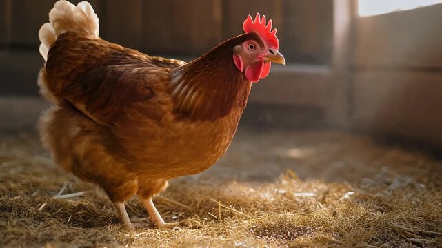 Healthy brown hen pecking for grain in warm barn light, straw bedding, active farm scene
