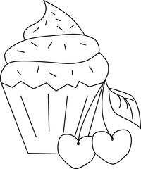 Black and white cupcake illustration with decorative frosting and cherry. Valentine's Day composition. Vector graphic line illustration. Design for package, cosmetic, textile, cards.