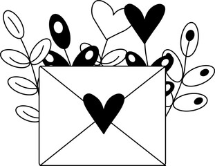 Love letter with hearts and flowers Valentine's Day composition. Vector graphic line illustration. Silhouette sign for logo, print, comics, fashion, pop art, boards, design, stickers, decoration