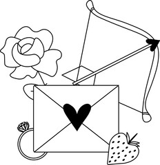 Happy Valentine's Day composition. Vector graphic line illustration. Heart envelope, strawberry, ring, rose, Archer bow heart texture for bedsheets, pajamas, wrapping papers.