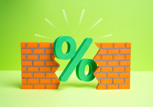 The green percentage breaks through the brick wall. A great offer, excellent interest rates on deposits and loans. Breaking barriers in finance, innovation in banking, successful marketing promotions.