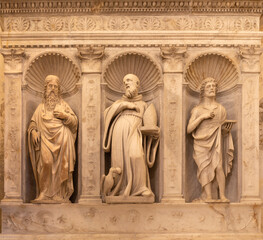 AMALFI, ITALY - OCTOBER 3, 2025: The marble renaissance statue of St. John the Evangelist, St....