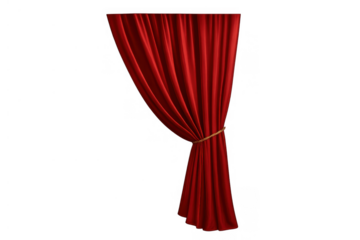 Red velvet stage curtain tied back, opening for a performance or presentation, transparent background