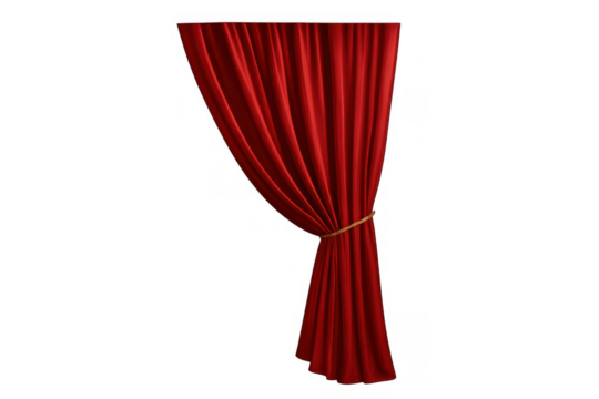 Red velvet stage curtain tied back, opening for a performance or presentation, transparent background