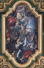 Fotobehang Jezus Christus AMALFI, ITALY - OCTOBER 3, 2025: The baroque painting of Crucifixion of St. Andrew the apostle in Domo by  Andrea dell'Asta (1702).  © Renáta Sedmáková