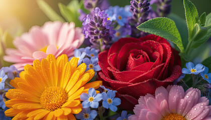 Vibrant Bouquet of Freshly Dew-Kissed Flowers Including a Red Rose Orange Calendula Pink Daisies and Purple Lavender in Gentle Sunlight