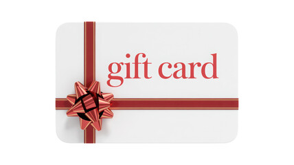 A white gift card with red ribbon and bow isolated on transparent background for shopping and presents