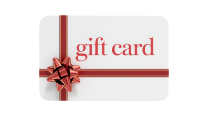 A white gift card with red ribbon and bow isolated on transparent background for shopping and presents