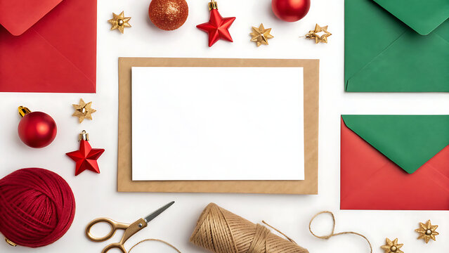 Flat lay of christmas crafting supplies including envelopes ornaments and scissors for holiday card making