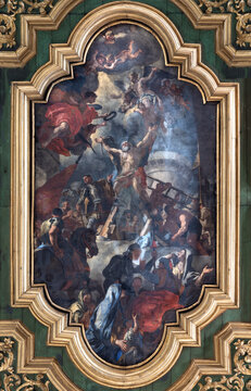 AMALFI, ITALY - OCTOBER 3, 2025: The baroque painting of Crucifixion of St. Andrew the apostle in Domo by  Andrea dell'Asta (1702).