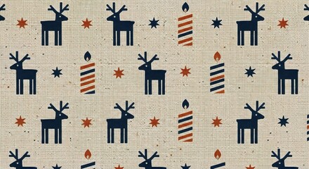 Retro christmas pattern with reindeer and striped candles on textured background