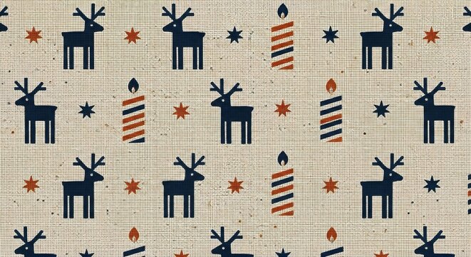 Retro christmas pattern with reindeer and striped candles on textured background - Powered by Adobe