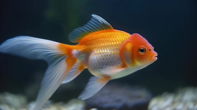 High‑grade fancy goldfish (Oranda/Ranchu) with prominent head growth swimming in clear aquarium, vibrant fins, show quality
