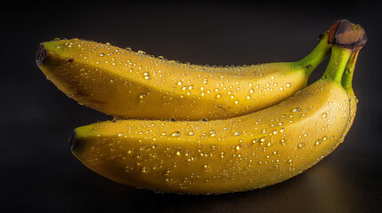 Two ripe bananas covered in water droplets against a dark background in a close up shot
