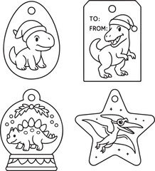 Dinosaur-Themed Christmas Gift Tags in Black and White Vector.eps
