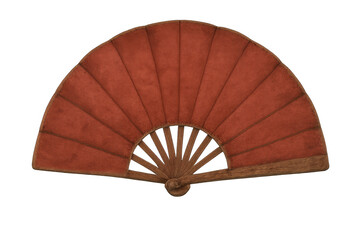 Hand fan open, featuring red fabric and wooden ribs, traditional japanese accessory for summer cooling, transparent background