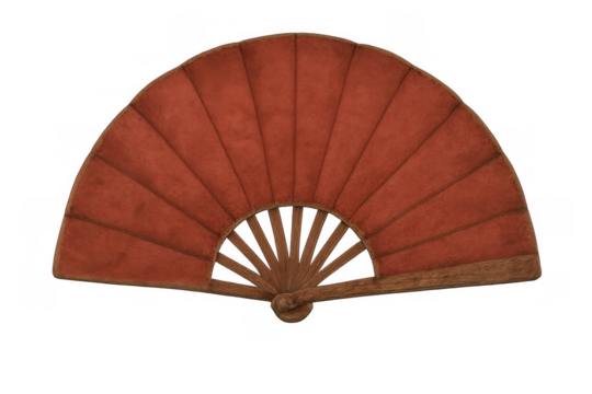 Hand fan open, featuring red fabric and wooden ribs, traditional japanese accessory for summer cooling, transparent background