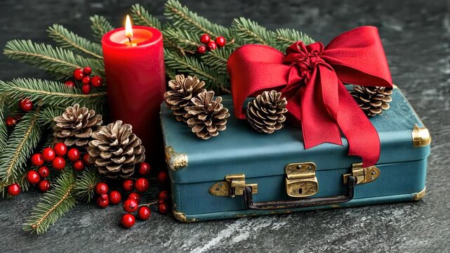 Holiday gift boxes adorned with red ribbons, pinecones, and berries create a warm festive atmosphere on a dark surface