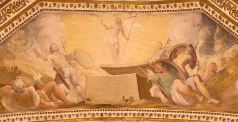 AMALFI, ITALY - OCTOBER 3, 2025: The baroque fresco of Resurrection in the crypt of  Duomo by Vincenzo De Pino  from 17. cent.