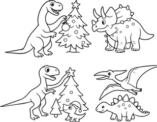 Christmas Dinosaurs Decorating in Black and White Vector.eps