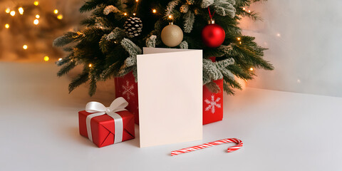 Carta em branco para convite e festas do final de ano, Papel de natal em frente a pinheiro enfeitado