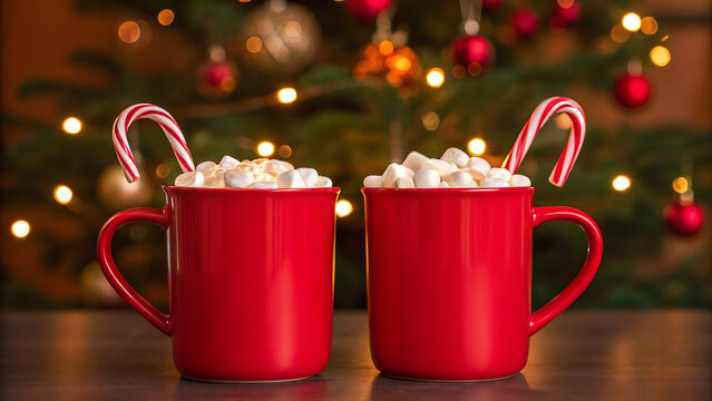 Cozy christmas scene with two steaming mugs of hot chocolate topped with marshmallows and candy canes