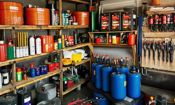 Organized storage solution featuring shelves stocked with various liquids, cans, and tools