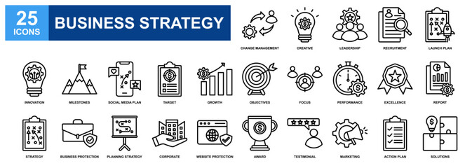 Business Strategy icon set collection. Containing design Leadership, Creatve, Milestones, Planning Strategy, Solutions