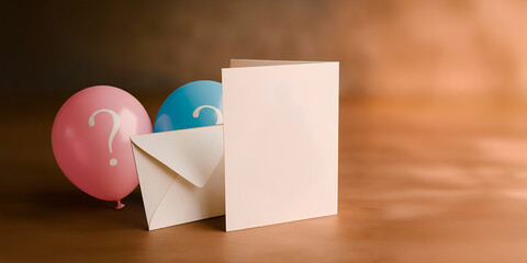 Convite em branco de ch&aacute; revela&ccedil;&atilde;o do sexo do beb&ecirc; com bal&otilde;es coloridos