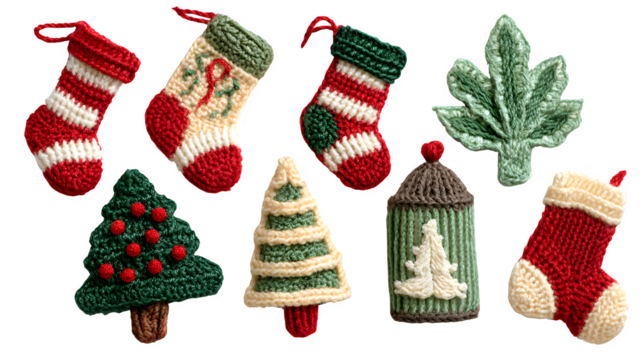Crocheted Christmas decorations including stockings and trees isolated on white background