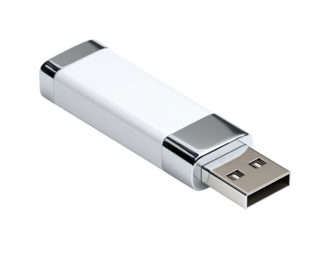 White and silver U S B flash drive isolated on a transparent background