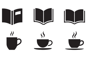 Book and coffee cup group silhouette icon set, reading and relaxation concept on white background illustration
