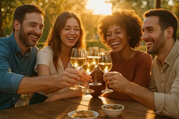 Friends celebrating with glasses of white wine in golden sunlight outdoors for Christmas and New Year