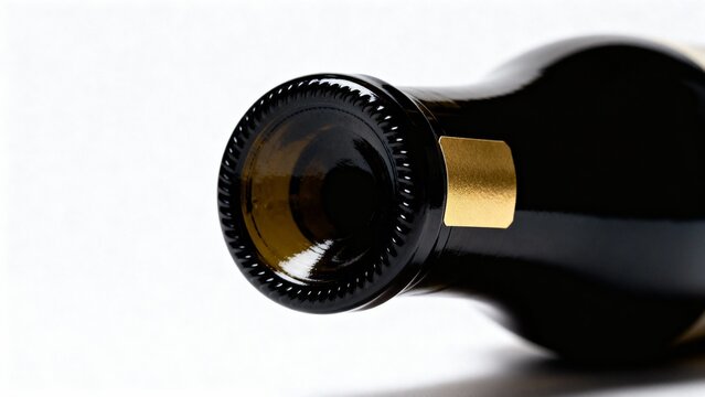 Top view of black wine bottle with gold label on white background  