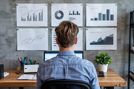 A businessman is carefully studying financial data and growth charts. He's planning how to improve his business, manage money wisely, and make smart investments.