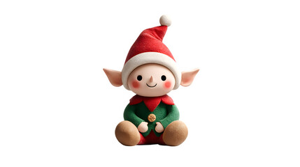 Cute Christmas elf sitting on flat surface smiling isolated on white background