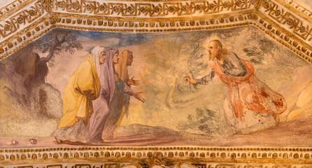 AMALFI, ITALY - OCTOBER 3, 2025: The baroque fresco of Resurrected Jesus Appears to women in the crypt of  by Vincenzo De Pino  from 17. cent.