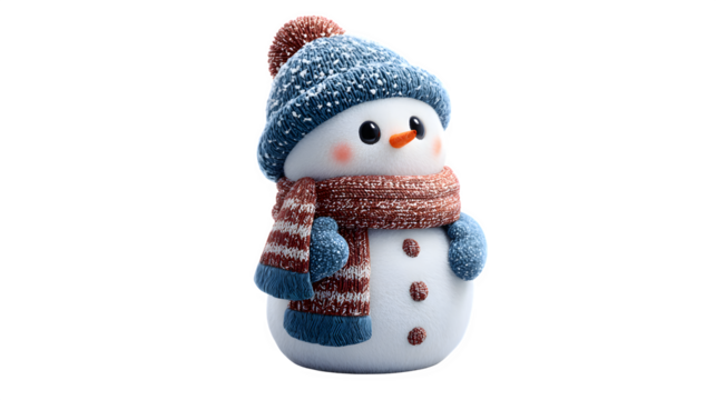 Cute 3-D cartoon snowman with scarf and hat isolated on white background