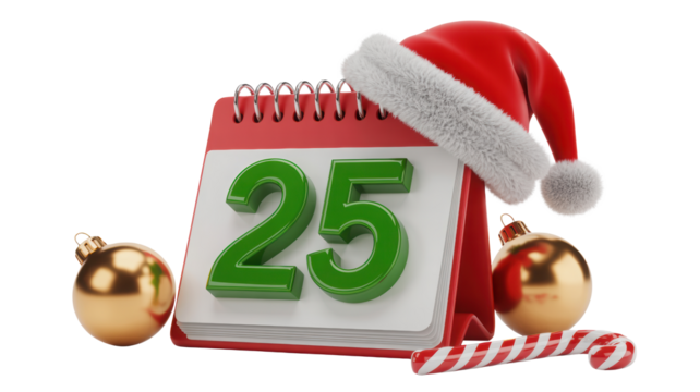 Christmas calendar showing the date december 25th with festive ornaments and a santa hat isolated on transparent background