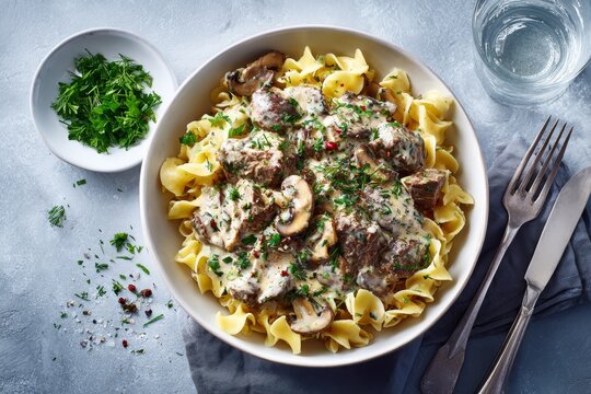 Bowl of beef stroganoff with beef strips in creamy mushroom sauce, noodles, mushrooms. Concept of meal presentation with fresh dill, cutlery, glass of water in background.