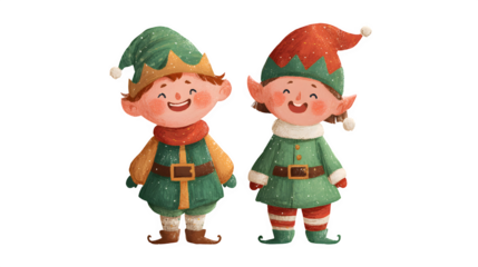 Cute Christmas elves wearing festive clothes and smiling isolated on white background