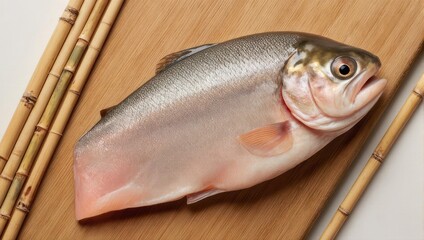 A raw fish rests on a wooden cutting board next to bamboo stalks