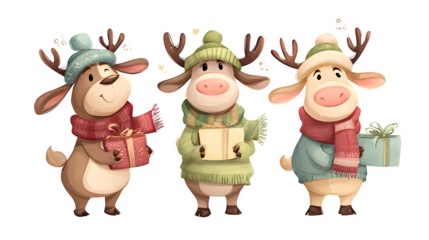 Cute cartoon reindeer characters wearing scarves, hats, and holding gifts isolated on white background