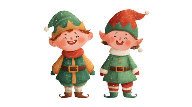 Cute Christmas elves wearing festive clothes and smiling isolated on white background