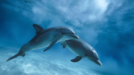 Fototapeta premium Two dolphins swimming gracefully in the clear blue ocean, their sleek bodies gliding effortlessly through the water, creating a mesmerizing underwater scene with sunlight filtering through the surface