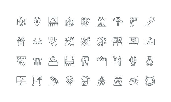 Colorful line icons white on isolated needs design print or app, web, for concepts event and festival, concert, show, entertainment representing background vector illustration