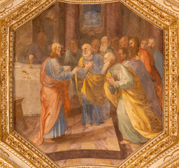 AMALFI, ITALY - OCTOBER 3, 2025: The baroque fresco of "Very truly I tell you, one of you is going to betray me." in the Domo by Vincenzo De Pino  from 17. cent.