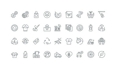 No fast fashion, eco friendly delivery and production with renewable energy thin black and red outline symbols vector illustration Sustainable fashion and brand, natural fabric, textile line icon set.