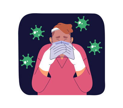 Person with hypochondria is in fear, panic from bacteriums. man with nosophobia afraids of illnesses. Mental disorder, psychology. Human phobia concept. Flat isolated vector illustration on white.