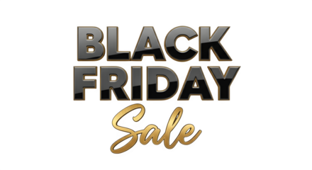 Shiny metallic black friday sale text with golden script isolated on transparent background